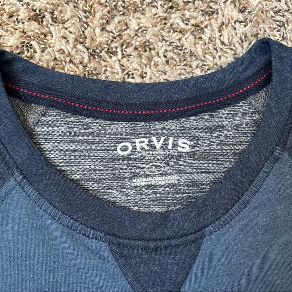 Orvis Navy and Heather Blue Crewneck with Red Stitching